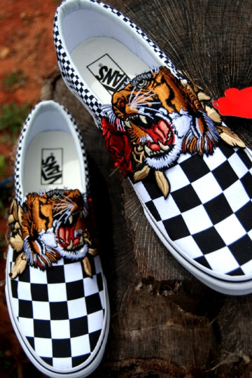 Custom Embroidered Tiger Rose Slip On Sneakers Shoes - Checkered