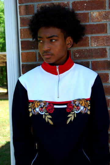 Half Zip Embroidered Rose Tiger Navy Striped Tracksuit