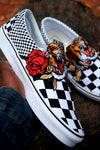 Custom Embroidered Tiger Rose Slip On Sneakers Shoes - Checkered