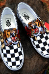 Custom Embroidered Tiger Rose Slip On Sneakers Shoes - Checkered