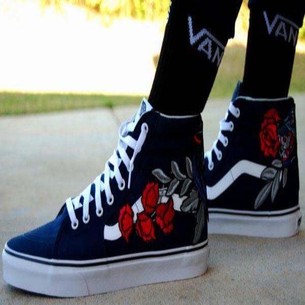 Custom Embroidered Wolf Rose Vans Navy Sneakers Shoes