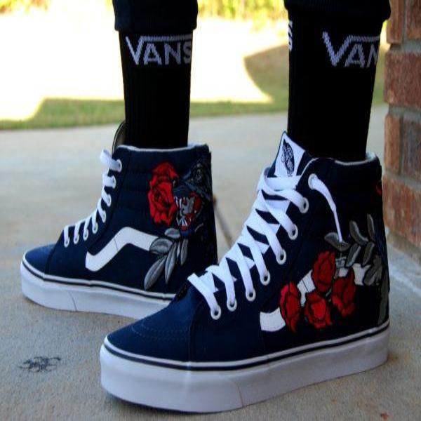 Custom Embroidered Wolf Rose Vans Navy Sneakers Shoes