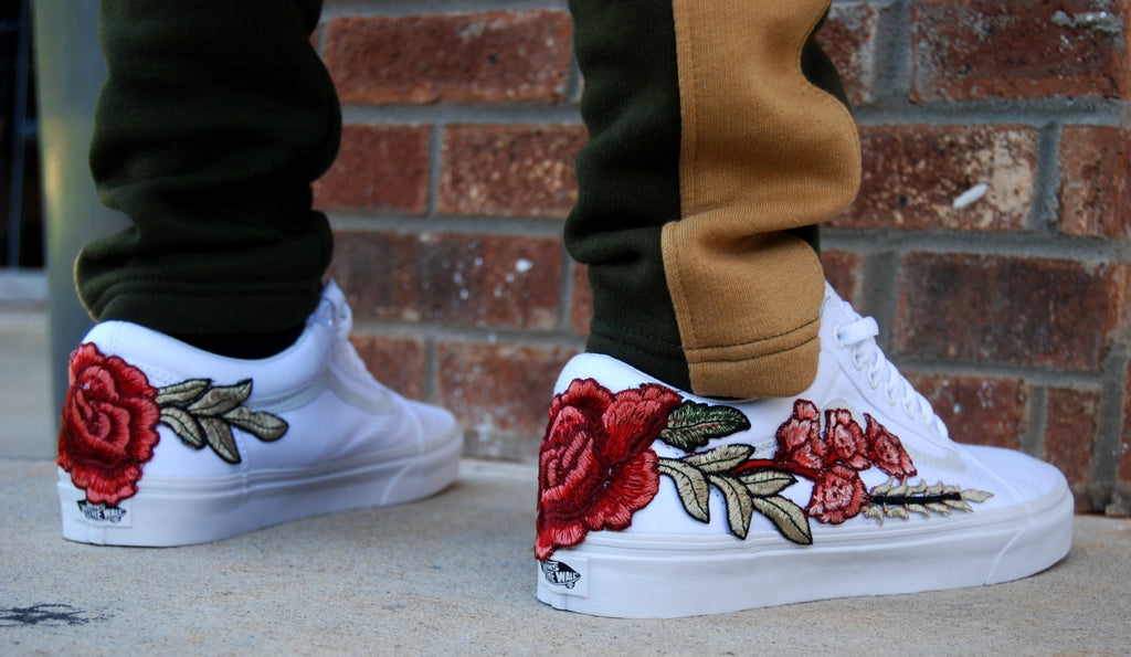 Custom Embroidered White Rose Vans Stay Low Sneakers Shoes