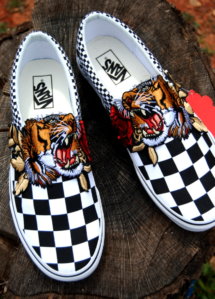 Custom Embroidered Tiger Rose Slip On Sneakers Shoes - Checkered