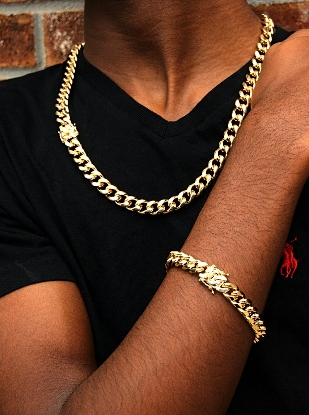 14k Gold Finish Cuban Link Chain &amp; Bracelet