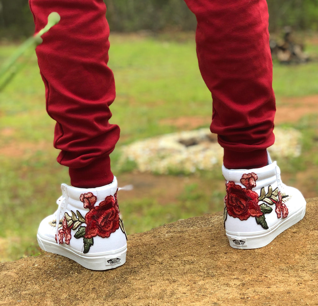 Custom Embroidered Rose Vans Frosty White Sneakers Shoes