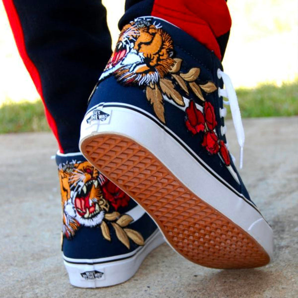 Custom Embroidered Tiger Rose Vans Navy Sneakers – kaizzzzen