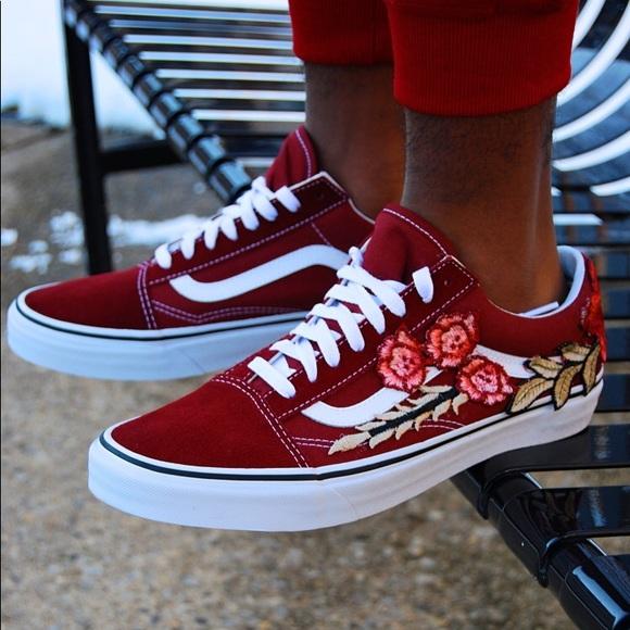 Custom Embroidered Rose Vans Stay Low Shoes - (RED) kaizzzzen