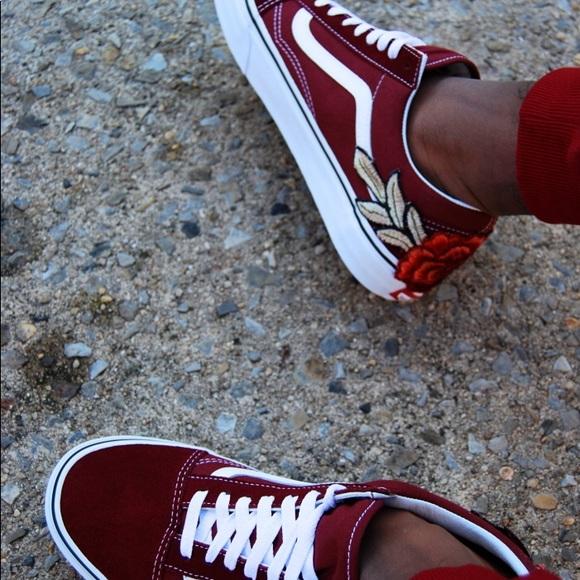 Custom Embroidered Rose Vans Stay Low Sneakers Shoes - (RED)