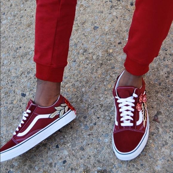 Custom Embroidered Rose Vans Stay Low Sneakers Shoes - (RED